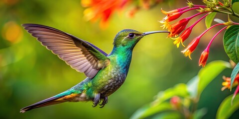 Obraz premium Vibrant iridescent hummingbird suspended in mid-air, wings beating rapidly, sips nectar from a radiant, trumpet-shaped bloom, surrounded by lush green foliage.