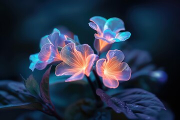 An enchanted garden where flowers bloom with holographic petals and emit magical light