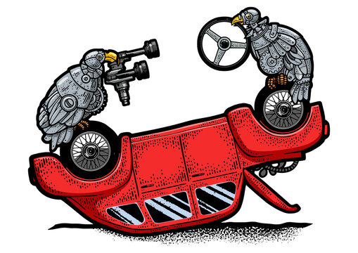 recommend clip art: robot vulture disassemble car color sketch engraving PNG illustration. T-shirt apparel print design. Scratch board imitation. Black and white hand drawn image.