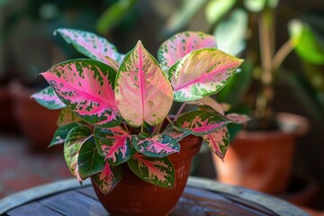 Colorful pink and green leaves of an aglaonema plant growing in a terracotta pot