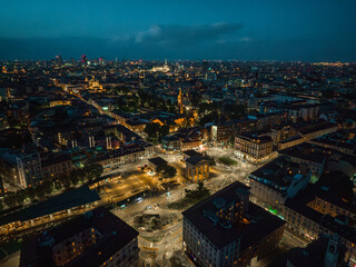 aerial photo with drone of the city of Milan Italy in the Navigli neighborhood at night