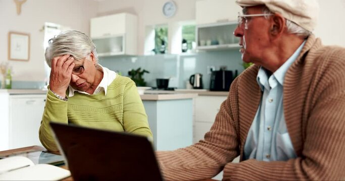 Senior couple, cellphone and shock for online news, social media and confused on mobile app. Scrolling, technology and upset married people in home living room, scam and fraud on banking website
