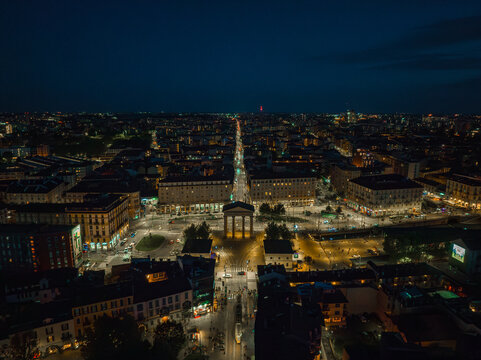 aerial photo with drone of the city of Milan Italy in the Navigli neighborhood at night