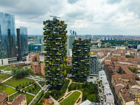 aerial photo with drone of the city of Milan Italy in Gae Aulenti square