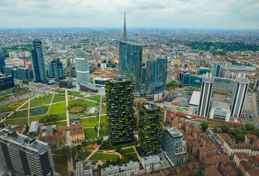 aerial photo with drone of the city of Milan Italy in Gae Aulenti square