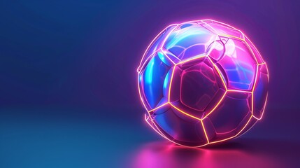 Naklejka premium A futuristic neon soccer ball glowing with intense pink and blue accents, set against a minimalist background, ideal for high-energy sports and modern aesthetics.
