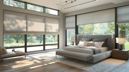 Suburban contemporary bedroom with automated window treatments that adjust based on time of day and weather conditions