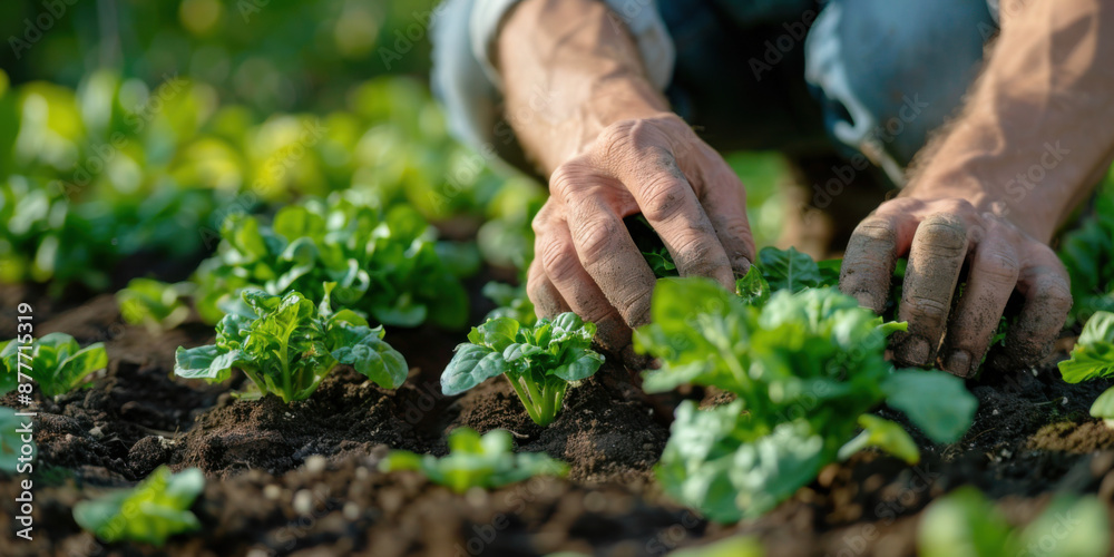 Canvas Prints Close-up of hands planting vegetables in soil, showcasing gardening work and care for growing plants.