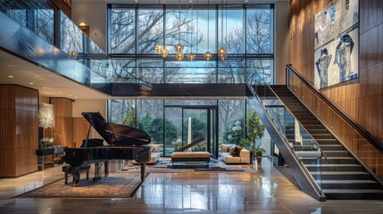 Suburban contemporary foyer with a grand piano and a two-story window that provides a dramatic backdrop