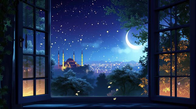 Breathtaking view of an amazing mosque under a starry sky as seen from a room window, creating a serene nighttime scene
 seamless looping 4k time-lapse virtual video animation background. generated ai