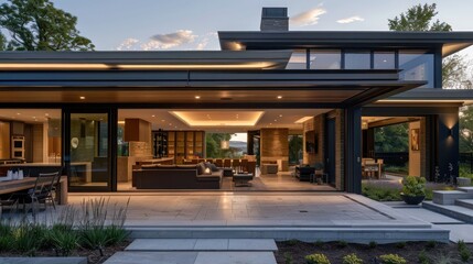 Obraz premium Suburban contemporary home with a motorized sliding roof that opens to the sky, transforming the living space into an open-air pavilion