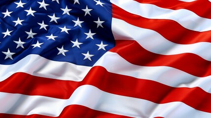 Obraz premium An enthusiastic depiction of the American flag waving smoothly, showcasing vibrant red, white, and blue colors, representing patriotism, freedom, and national unity.