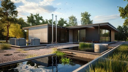 Obraz premium Suburban contemporary home with a smart rainwater harvesting system and a visually striking water storage feature