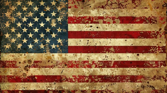 A depiction of the American flag with a vintage, grunge style, showcasing a distressed and weathered appearance that adds character and reflects historical significance and resilience.