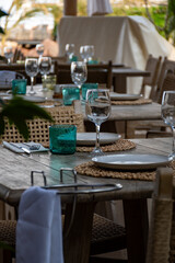 Restaurant in port la Rague, Gulf of La Napoule, in Provence, served for lunch tables, French Riviera near Cannes, south of France