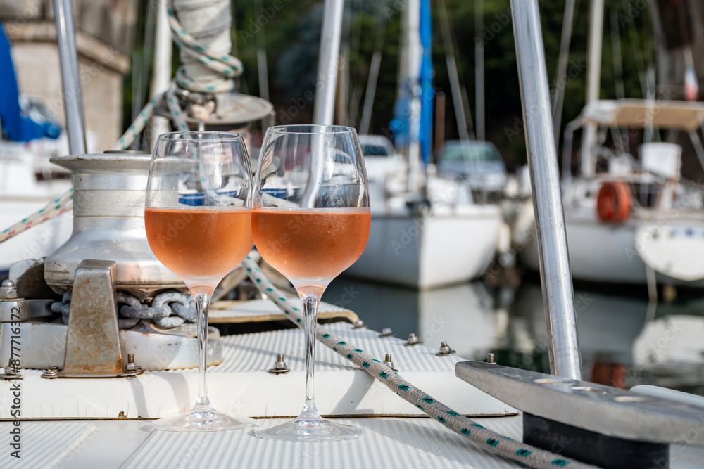 Wall mural party with rose wine on yacht boat anchored in port la rague, gulf of la napoule, in provence, two g