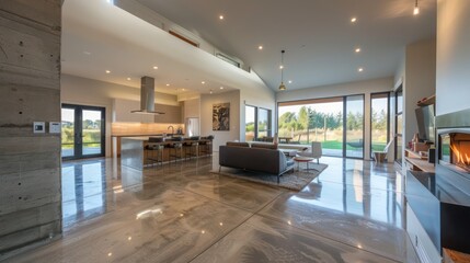 Suburban contemporary home with an in-floor heating system that keeps the space warm and comfortable year-round