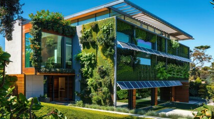 Fototapeta premium Suburban contemporary home with a green wall facade and integrated solar panels for sustainability
