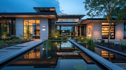 Obraz premium Suburban contemporary home with a reflective pond at the entrance, enhancing the architectural symmetry and modern aesthetics