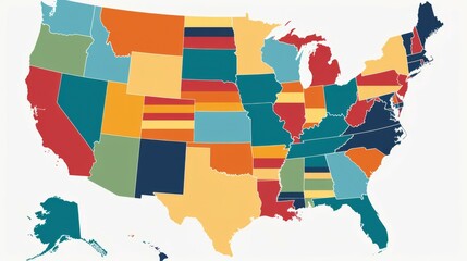Obraz premium A brightly colored map of the United States with distinctly marked individual states, highlighting the richness and diversity of the American regions with modern artistic flair.