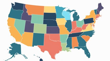 A map of the United States showing each state with a distinct and vibrant color, effectively illustrating geographic distinctions and promoting a spirited view of the regions.