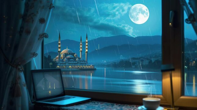 Laptop placed by the window overlooking a picturesque mosque landscape with serene surroundings
 seamless looping 4k time-lapse virtual video animation background. generated ai
