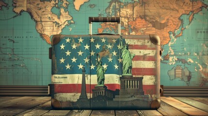 A suitcase featuring travel elements such as the American flag, Statue of Liberty, and Eiffel Tower, against a backdrop of a world map, symbolizing global adventure and exploration.