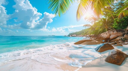 Fototapeta premium A sunny tropical beach scene featuring clear blue skies, palm trees, and a pristine shoreline with crystal-clear waters, exemplifying relaxation and paradise vibes.