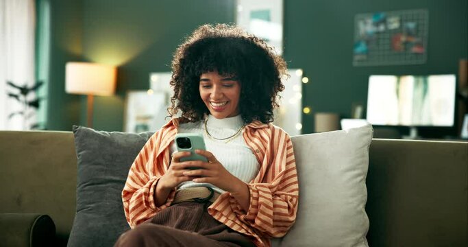 Girl, relax and happy on sofa with smartphone for order lunch, menu option and restaurant selection for choosing. Woman, mobile phone and internet on couch in home for promotion and convenience.