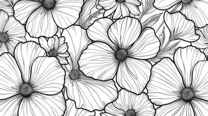 This image presents a monochrome floral pattern emphasizing delicate petal details and intricate, realistic forms, creating a natural and soothing design.