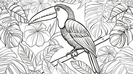 Obraz premium Black and white illustration of a toucan sitting on a branch, encircled by tropical leaves and flowers, intricate details ideal for coloring and nature lovers.