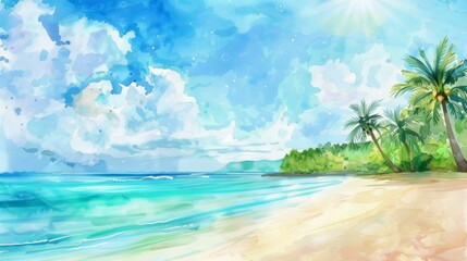 A beautiful illustration of a tropical paradise, showcasing a sandy beach with crystal-clear waters, lush greenery, and a vibrant blue sky decorated with a few soft clouds.
