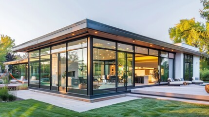 Suburban contemporary home with an exterior made entirely of smart glass, which tints automatically based on sunlight exposure