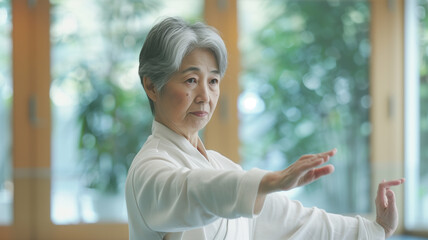 太極拳をするおしゃれな日本人シニア女性