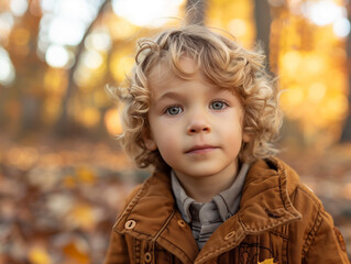 Fototapeta premium A child in a cozy autumn setting, surrounded by fallen leaves, wearing a brown jacket