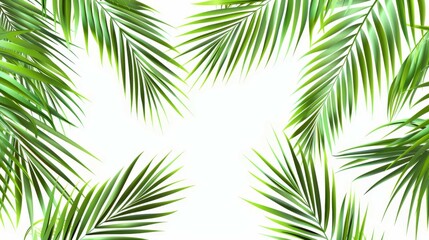 Obraz premium Palm leaves radiate from the corners of image against a clean white background. The green patterns create a fresh visual appeal and are suggestive of tropical climates.