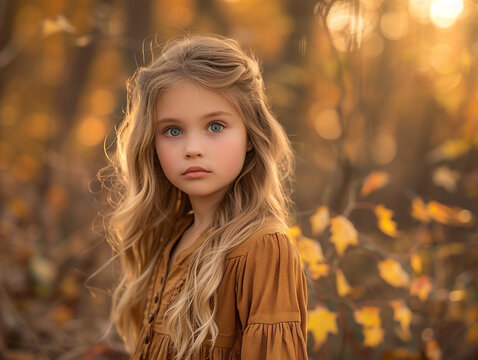  A child in a cozy autumn setting, surrounded by fallen leaves, wearing a brown jacket