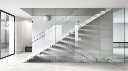 Obraz premium Suburban contemporary home with a minimalist, sculptural staircase made from glass and steel