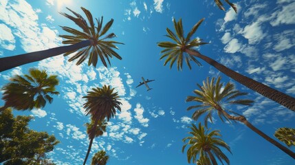 A plane is captured mid-flight in a clear blue sky, framed by tall, majestic palm tree silhouettes, evoking thoughts of travel, adventure, and sunny tropical locales.