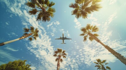 The photograph shows a plane in flight, as viewed from below, with a backdrop of tall palm trees and a partly cloudy sky, creating a dynamic composition of nature.