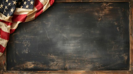 An American flag draped over a weathered chalkboard, framed in distressed wood, suitable for themes of education, history, and patriotism in creative projects.