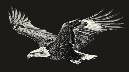 An intricately detailed monochrome drawing of an eagle soaring through the air with wings fully expanded, depicting grace and power in flight.
