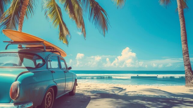 A vintage blue car carries a surfboard on its roof, parked by a tropical beach lined with palm trees, under a bright blue sky with fluffy clouds, depicting a serene getaway.