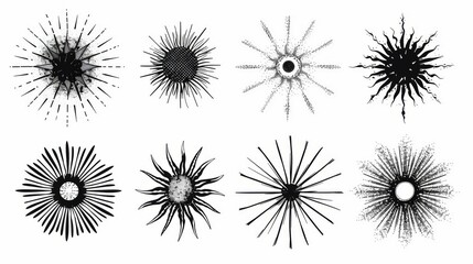 Obraz premium A diverse collection of black and white starburst patterns featuring various ray forms that represent energy and creativity, displayed artistically and abstractly.