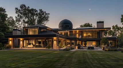 Suburban contemporary home with a backyard observatory featuring a retractable roof for amateur astronomy enthusiasts