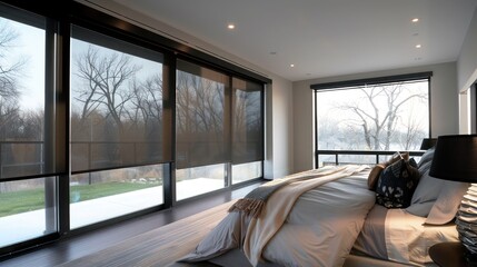 Suburban contemporary master bedroom with floor-to-ceiling windows and automated blackout blinds for privacy