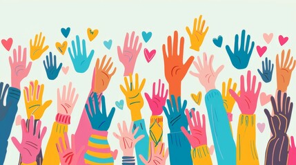 An artwork featuring multiple colorful raised hands with heart shapes, symbolizing positivity, unity, and teamwork, depicted in a vibrant and cheerful artistic style.