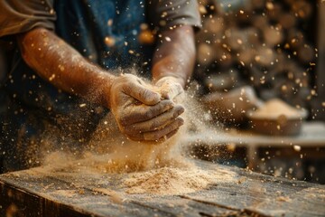 Carpenter clapping his dusty hands together after finishing work with wood