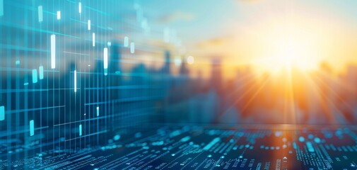 Obraz premium Cityscape and network technology concept with digital data visualization and a bright sunrise over a modern skyline. Harnessing innovation to accelerate development and information sharing