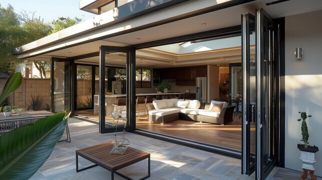 Suburban contemporary sunroom with retractable glass walls, allowing it to convert into an open-air lounge